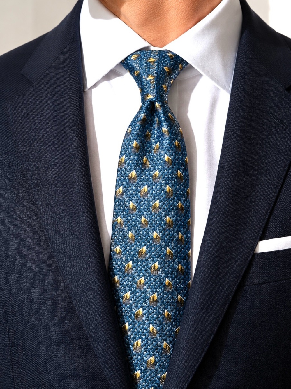 Ermenegildo Zegna Blue Gold Geometric Diamond Silk Tie Italy